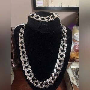 Vintage Monet Silver Double Link Curb Chain Necklace & Monet Bracelet